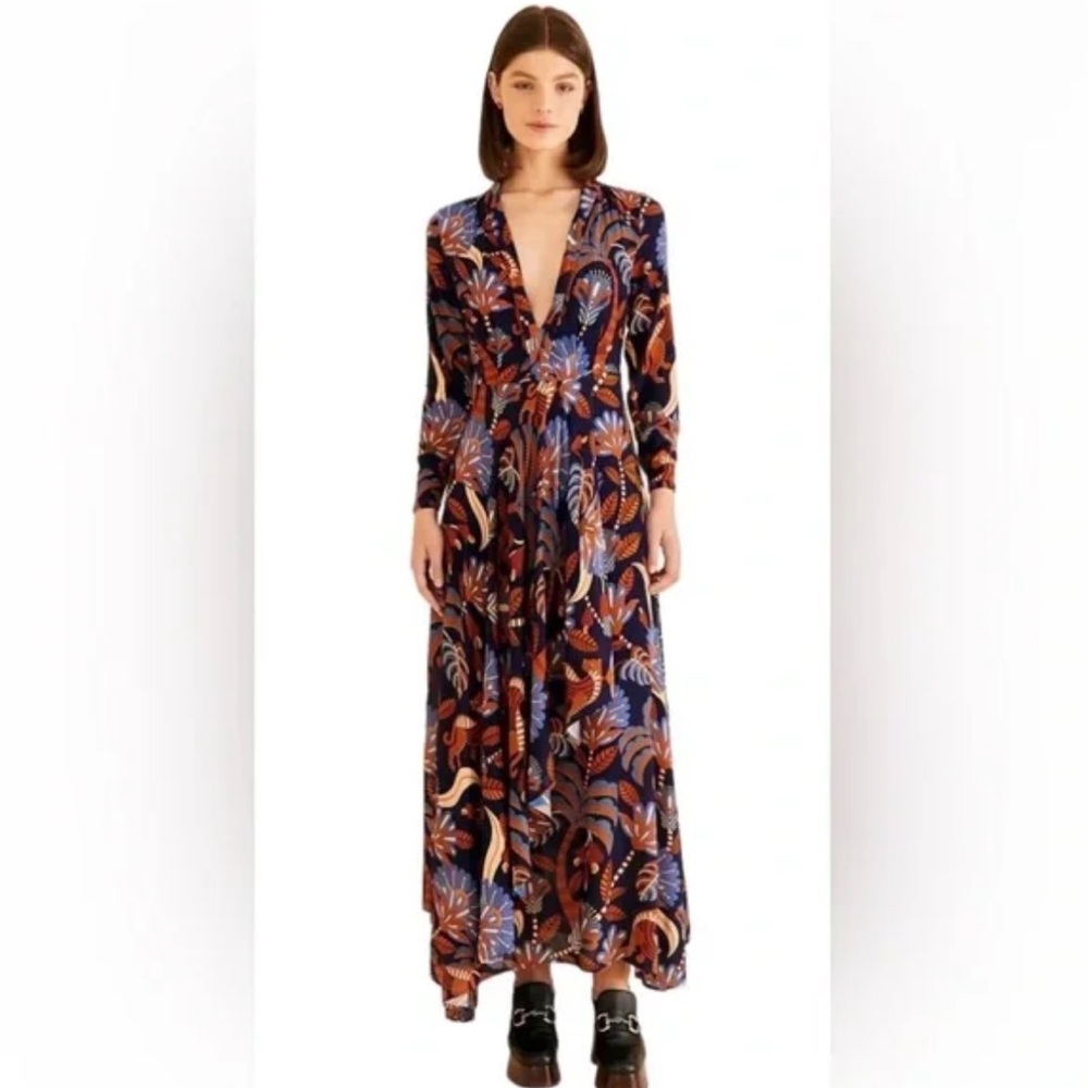New women’s FARM Rio Blue and Brown Floral Long Sleeve Dress size small